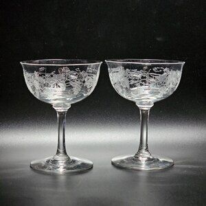 2 Grapevine Etched Champagne Coupes 5"  Glasses 1950s floral vtg elegance art